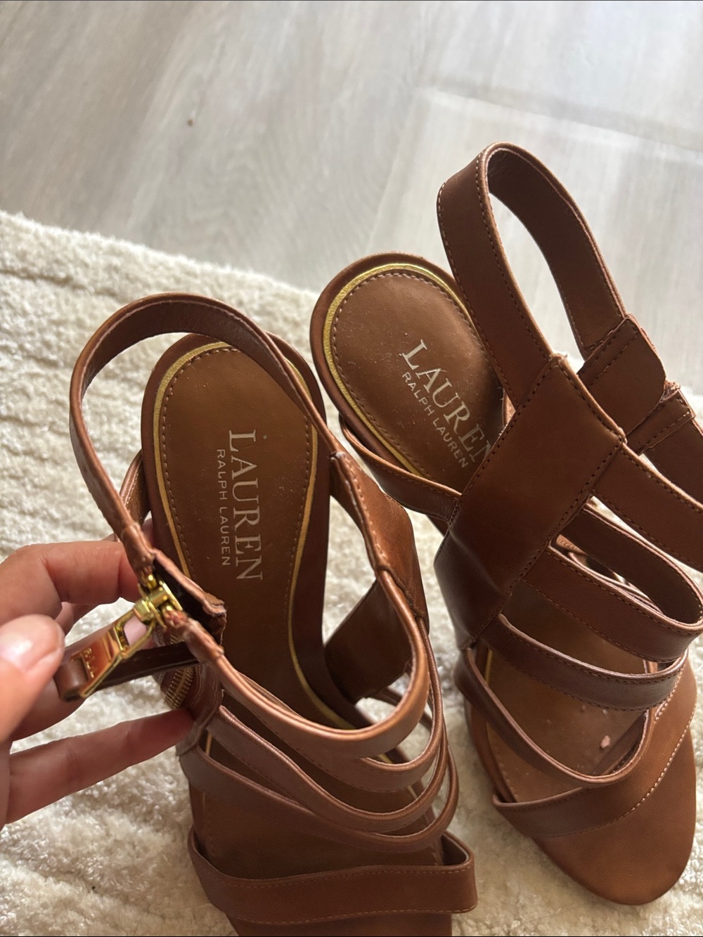 Lauren Ralph Lauren Tan Strappy Leather Slingback Heels